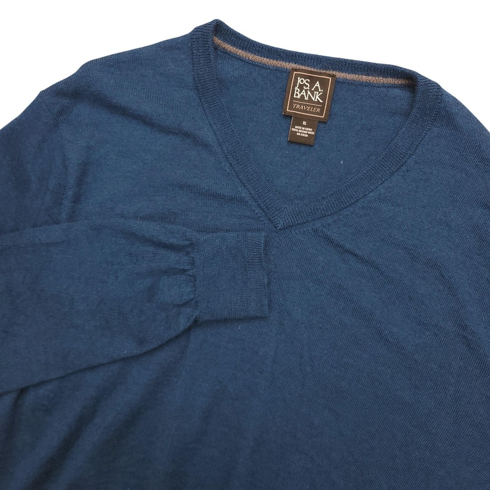 Jos‎ A Bank Sweater Mens XL Blue 100% Merino Wool V Neck Pullover Knit Casual